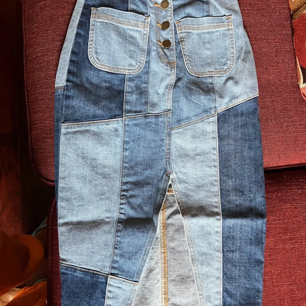 Ramy Brook High Rise Patchwork denim skirt- Blue and Light Blue - Picture 1 of 4